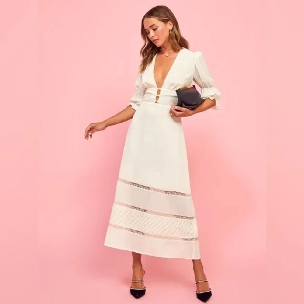 Reformation Ginny Midi Dress Puff Preppy Boho Bridal Ivory White Sz 10